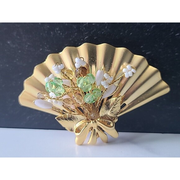 Rhinestone Floral Gold Tone Metal Fan Shaped Brooch Vintage Costume Jewelry - Picture 3 of 10